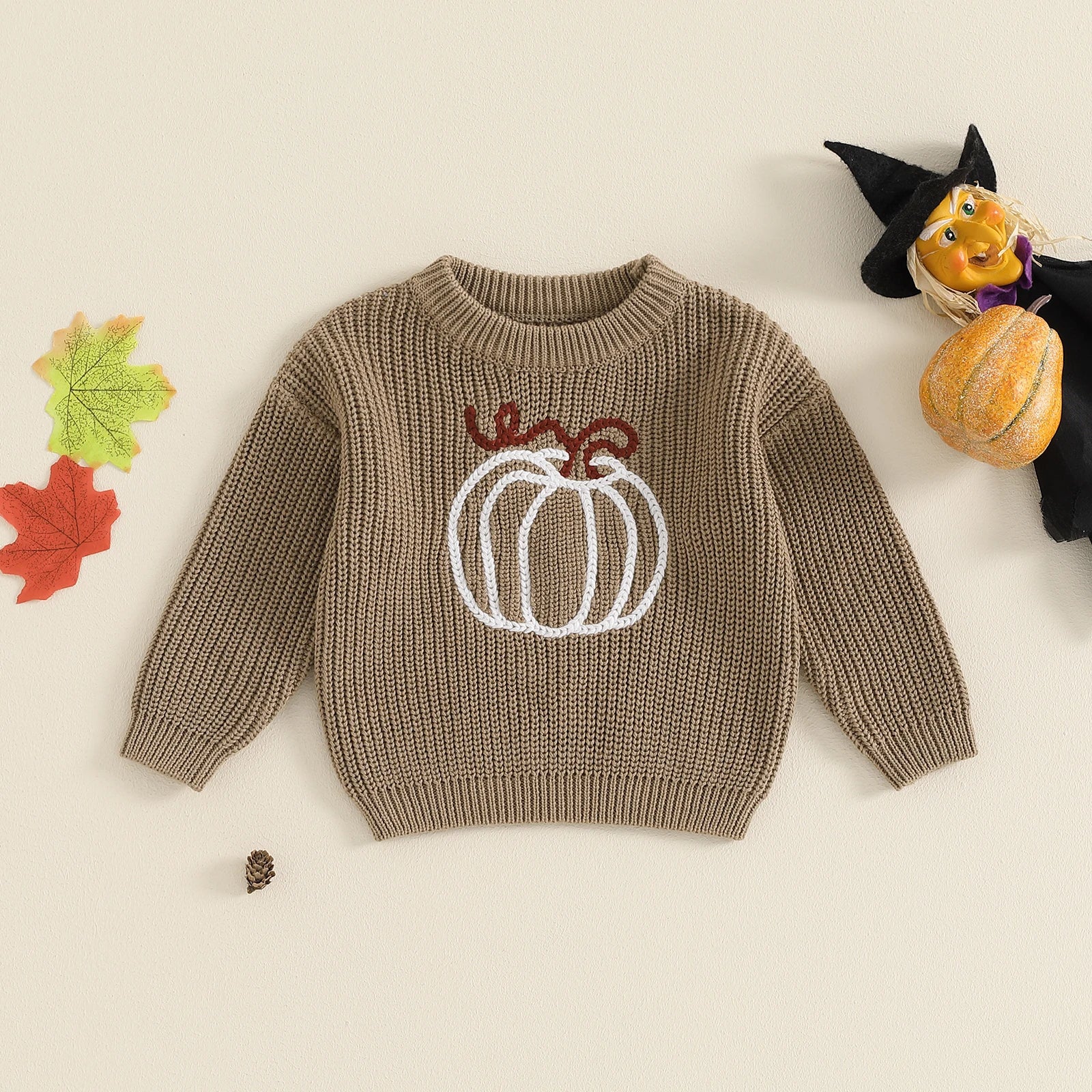 Kids Halloween knit sweater long sleeve pumpkin ghost embroidery cozy breathable festive fall pullover