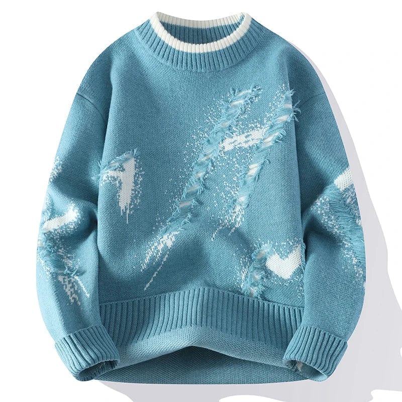 Men's abstract textured knit crewneck sweater relaxed fit with raised pattern ribbed detailing