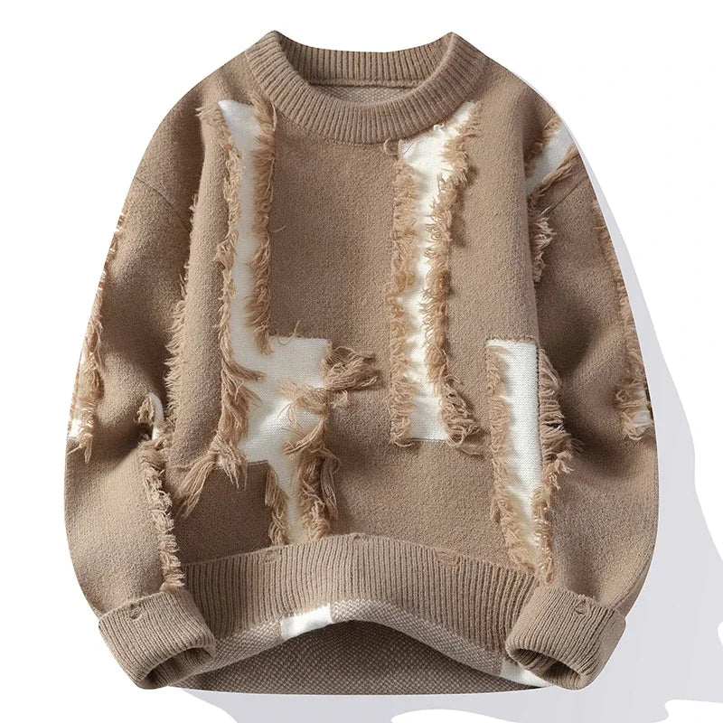 Distressed frayed knit sweater relaxed fit streetwear style with layered color block design