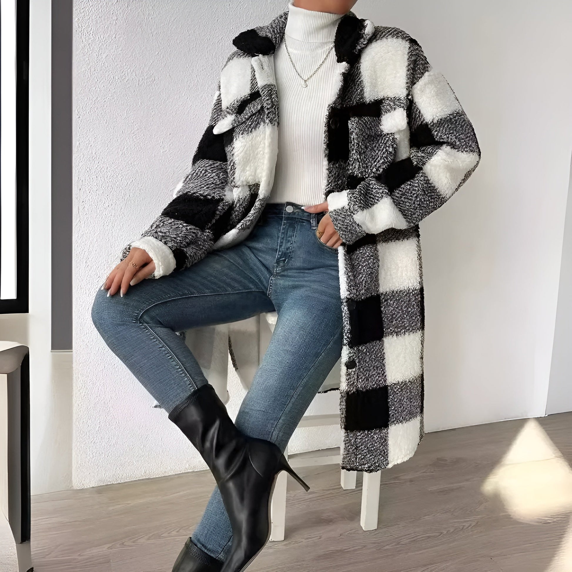 Women's plaid fleece coat cozy fall layering essential with chic pattern for cold mornings