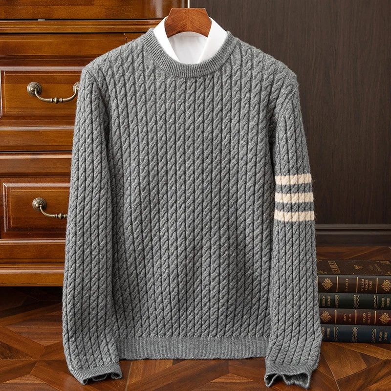 Men's ivory 100% cashmere sweater with handknit ridged texture, cozy lightweight layering piece