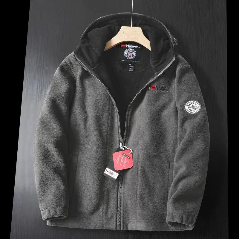 Men's hooded fleece jacket warm outdoor layer clean modern silhouette easy everyday pairing