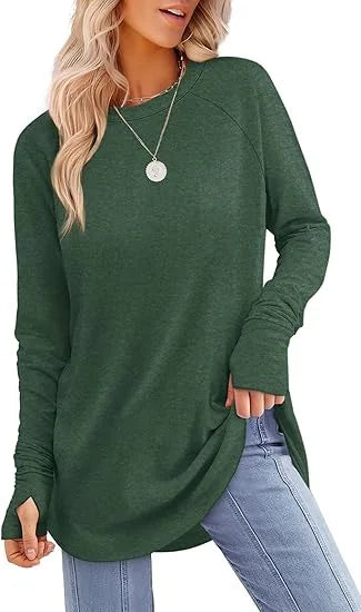 Women's relaxed-fit tunic top in soft cotton blend with thumb hole cuffs for everyday comfort