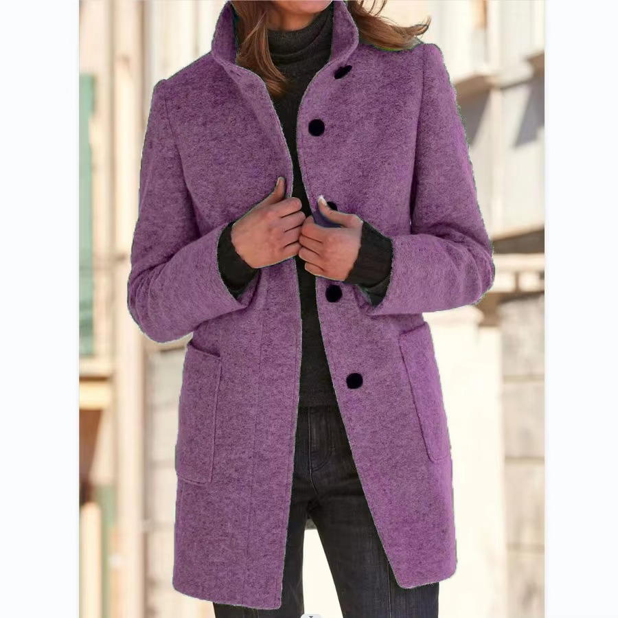 Women's retro wool blend stand collar jacket, structured silhouette with timeless vintage elegance