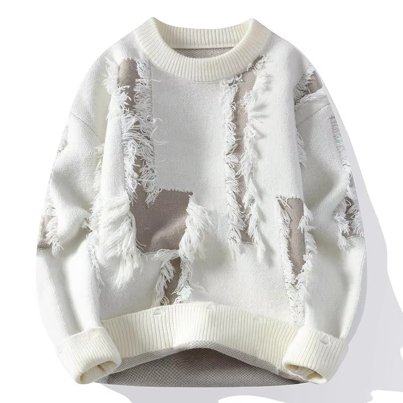 Men's distressed patchwork knit sweater loose fit crew neck pullover in neutral tones autumn style