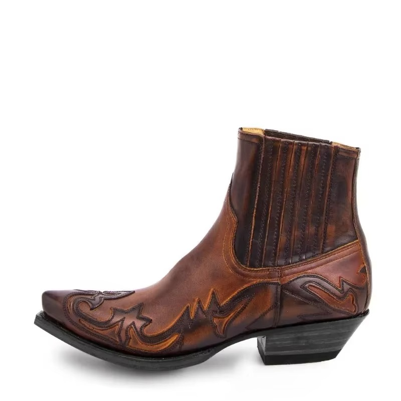 Brown genuine leather Western cowboy boots with intricate embroidery, unisex block heel, durable style