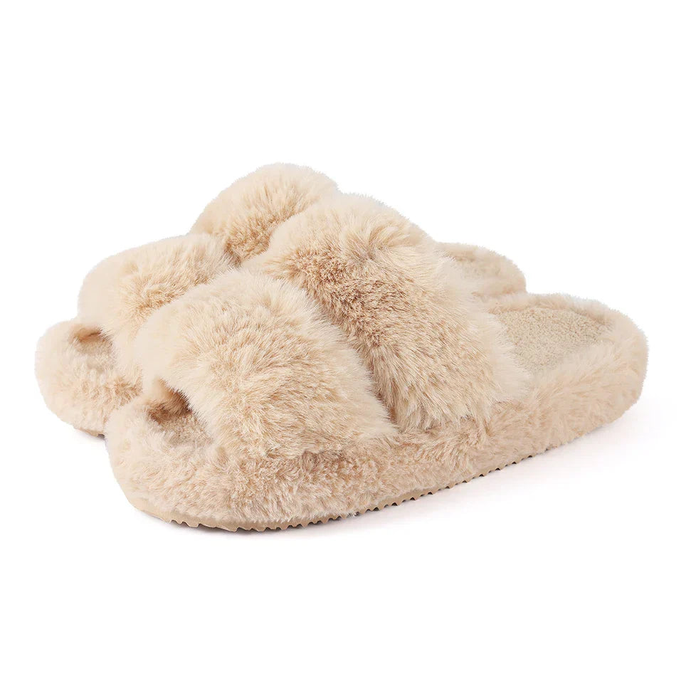 Women's cozy faux fur slide slippers in plush fluffy strap design for ultra-soft home comfort