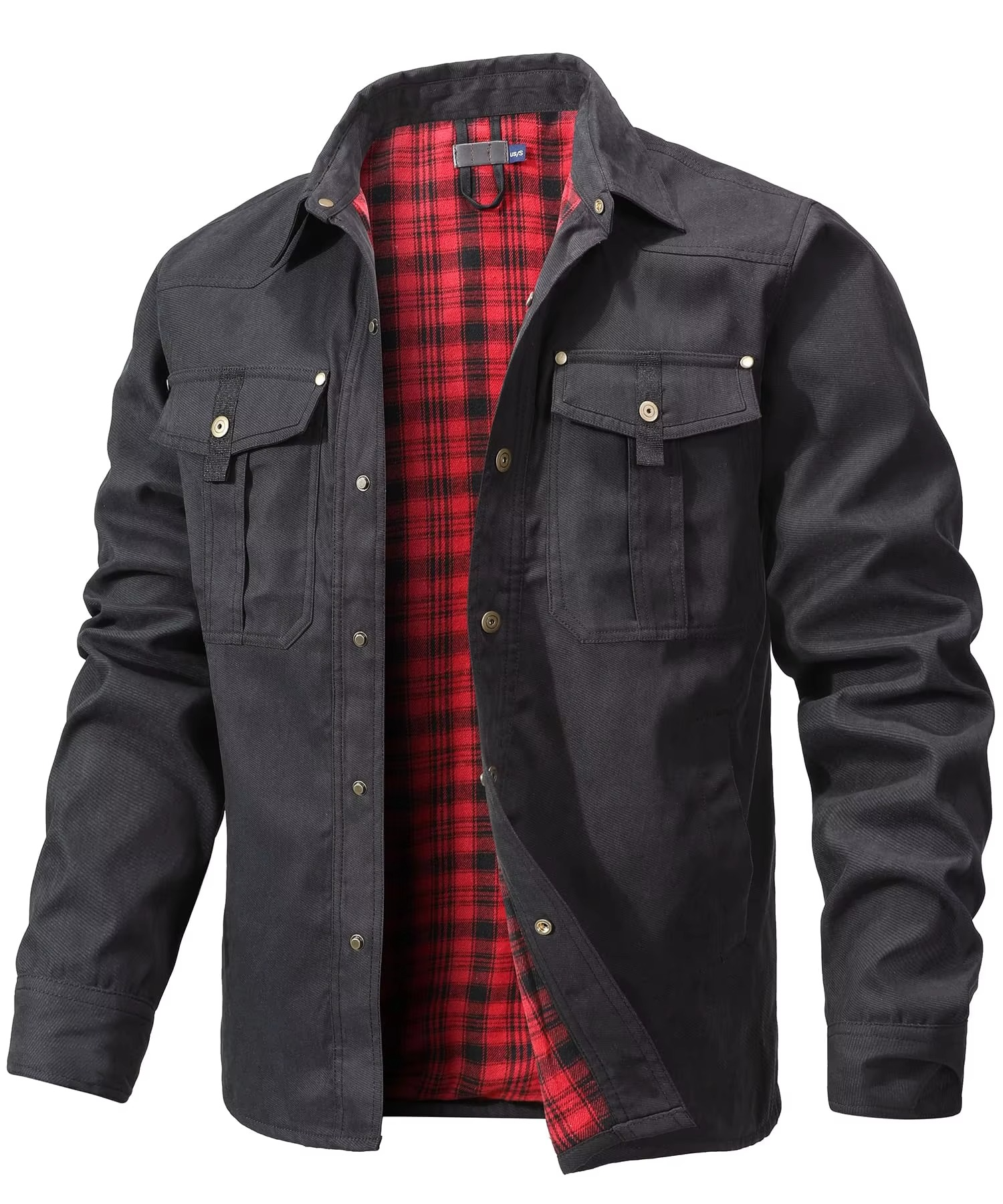 Men's brown western flannel-lined shirt jacket overshirt with snap button closure, midweight layer
