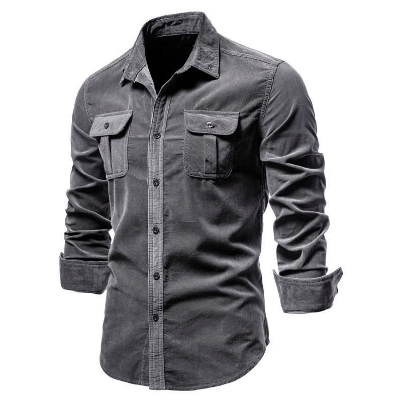 Men's olive green long sleeve utility shirt with multiple pockets, rugged fit for outdoor warmth