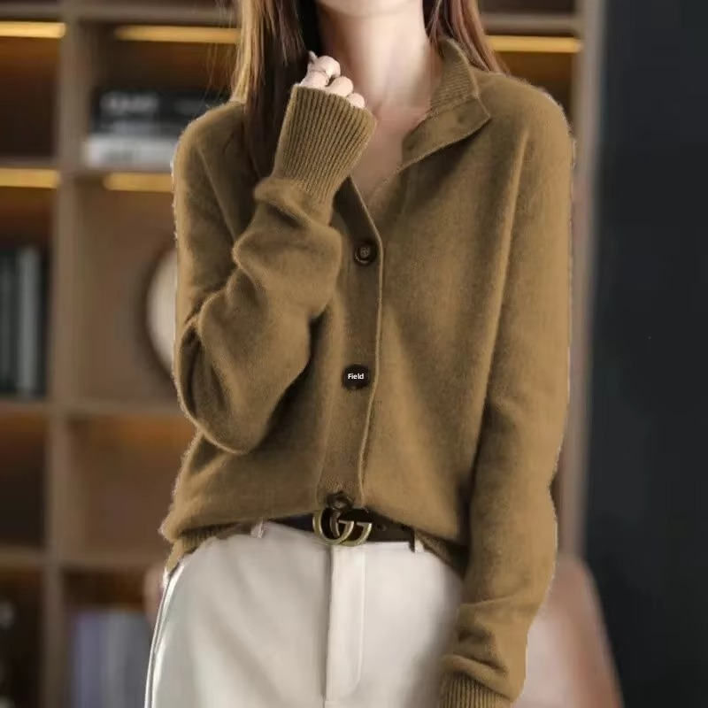 Women's knit cardigan jacket stand collar cozy autumn winter warm versatile layer effortless style