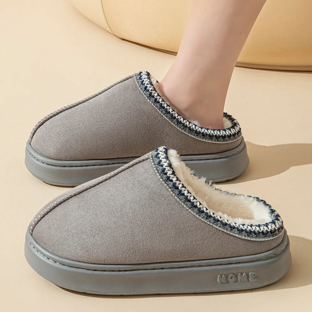 Women's plush fur slip-on slippers in cozy fluffy lining for warm indoor lounging comfort