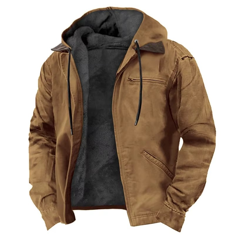 Men's winter fleece hooded jacket with warm lining, full-length zipper, and zip pockets for casual outdoor wear