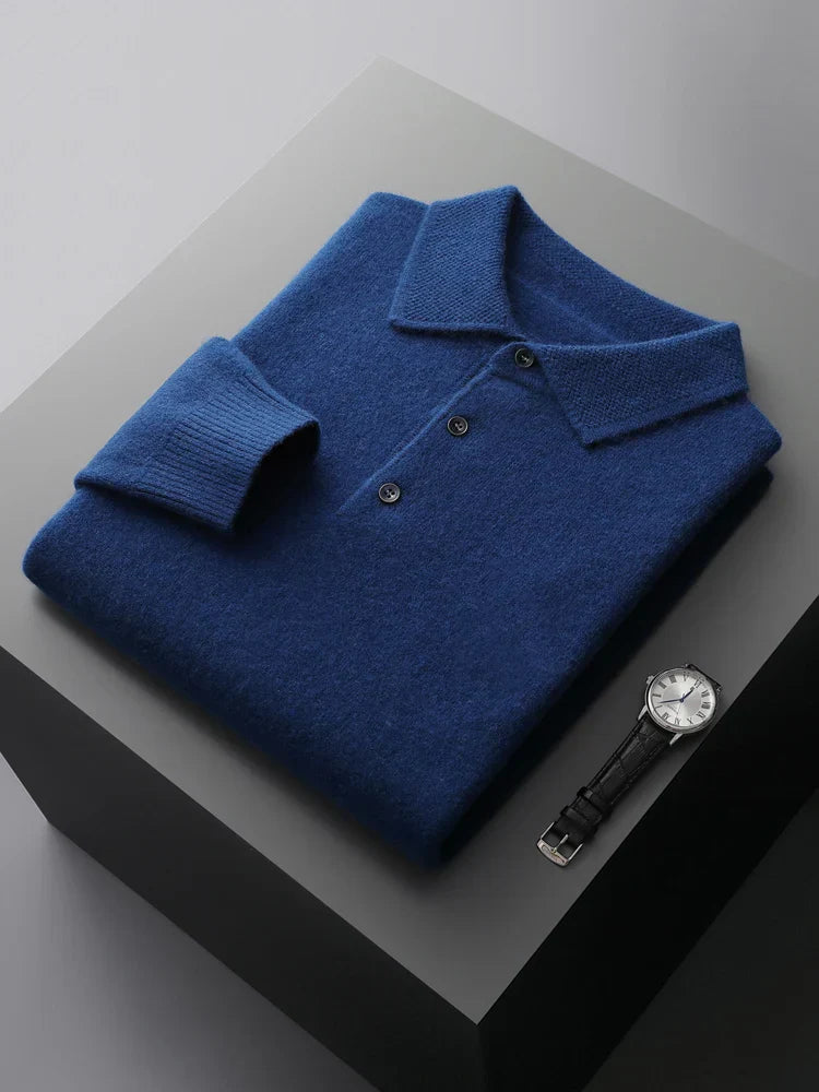 Men's merino wool polo shirt tieless ribbed collar long sleeve breathable warmth classic fit