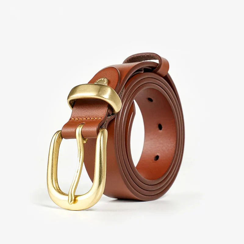 Women's brown adjustable leather belt with elegant buckle closure for all-day comfort and classic style
