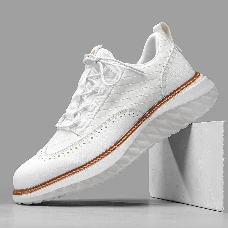 Men's white basketweave brogue lace-up leather sneakers with orthopedic support and perforated detailing