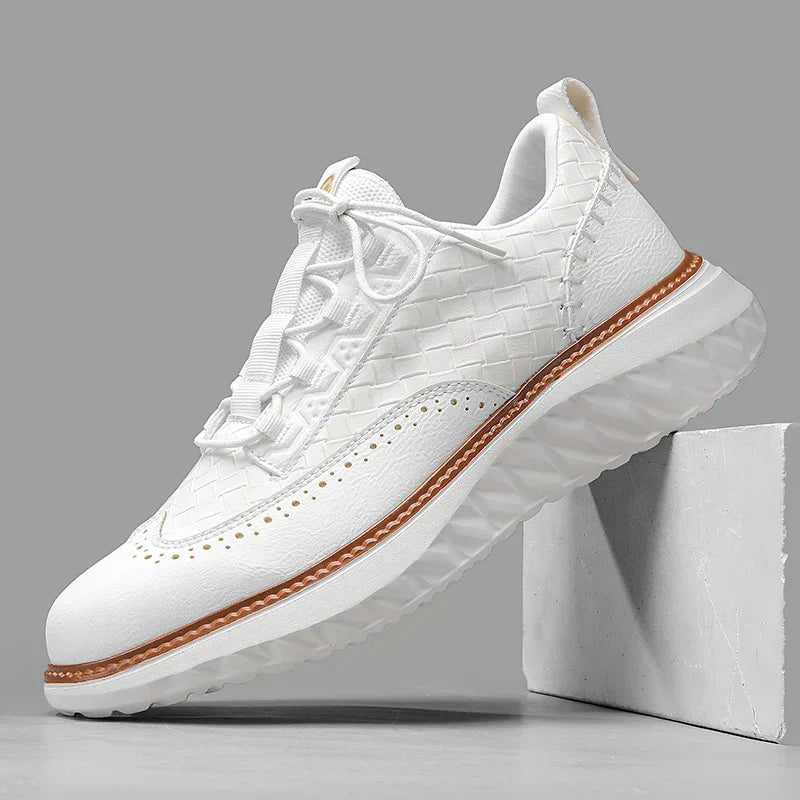 Men's white basketweave faux leather low-top Oxford sneakers with brogue perforations