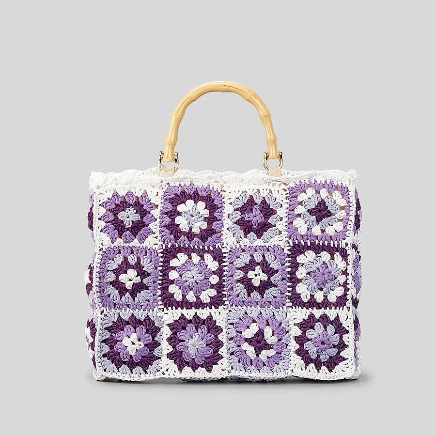 Boho mini crochet tote bag with bamboo handles, eco-friendly handcrafted design, lightweight everyday carry