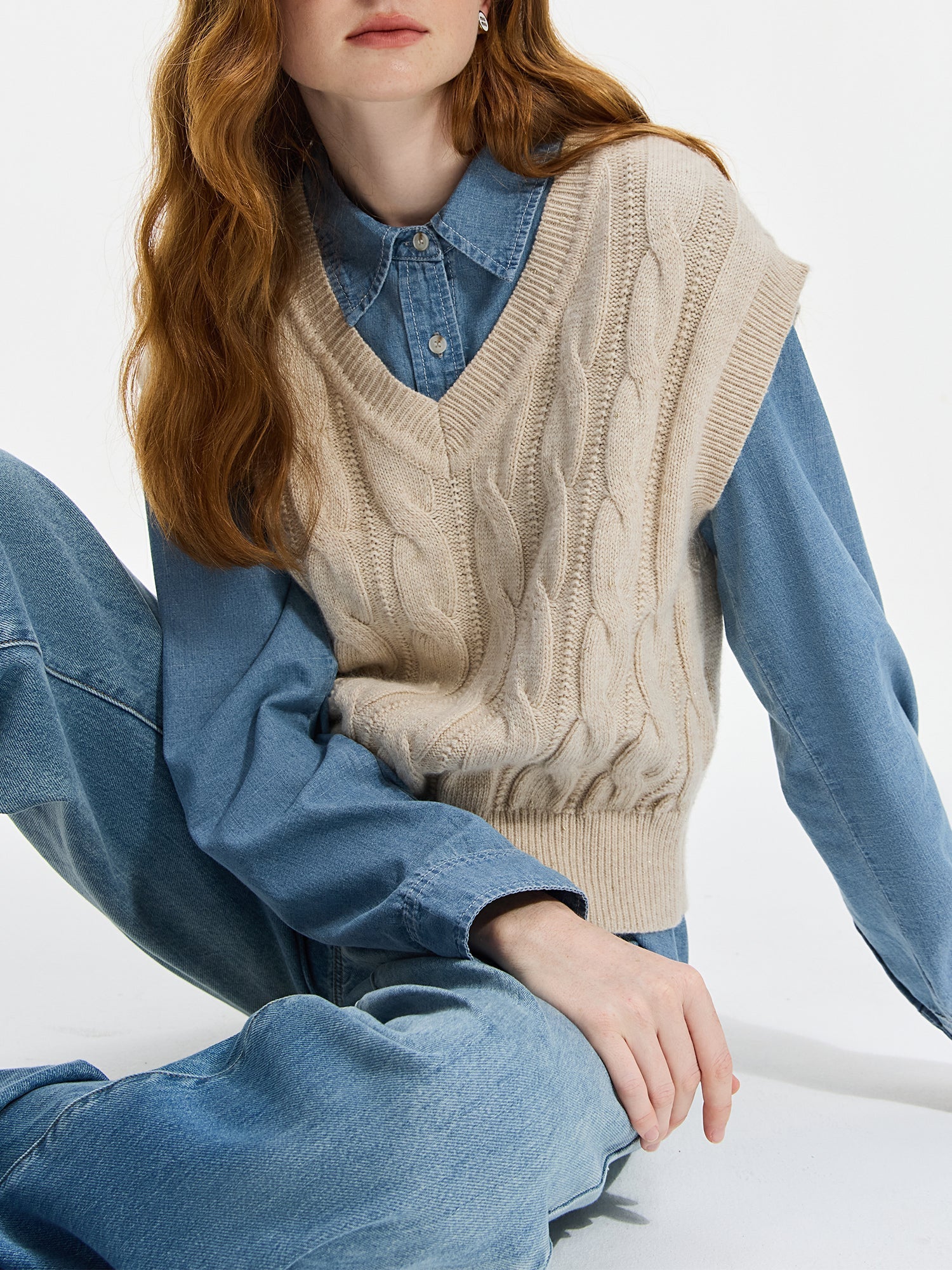 Women's cable knit sweater vest wool blend drop shoulder preppy smart casual layering top