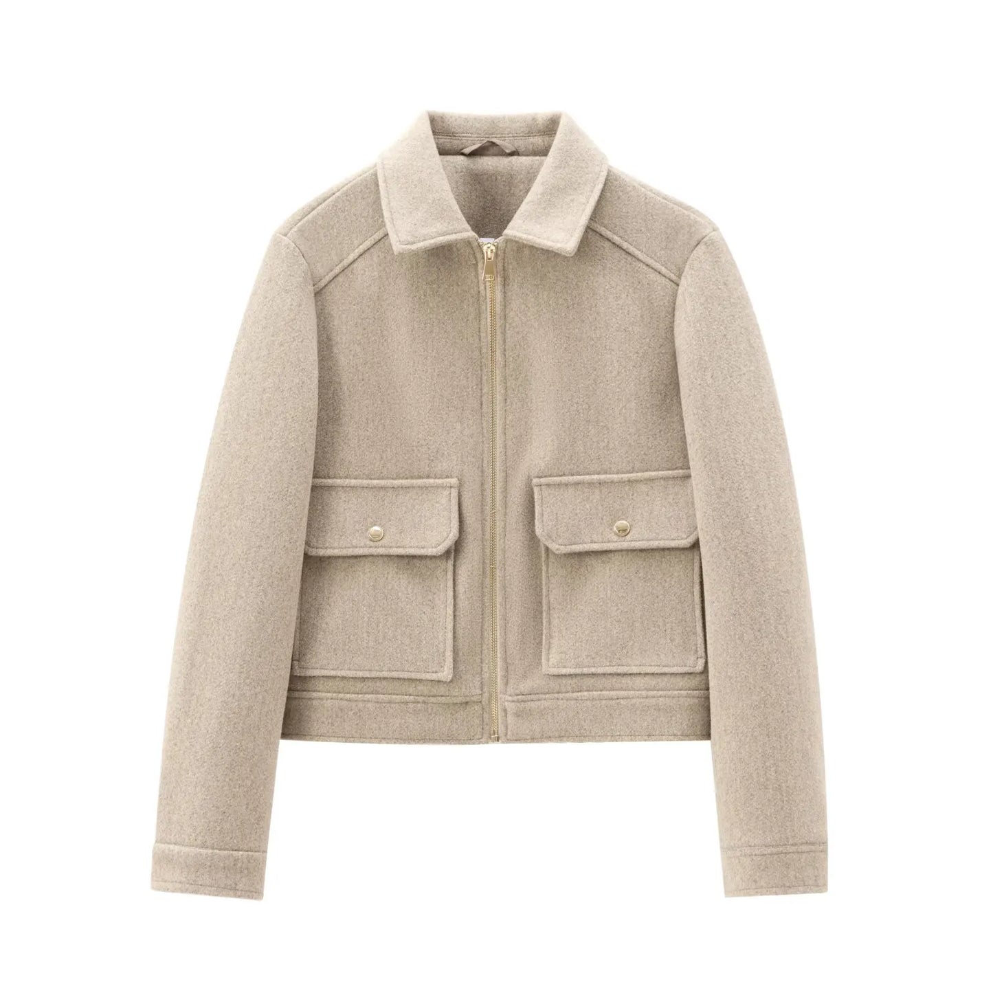 Women's cropped bomber jacket lapel collar zip front flap pockets sleek casual outerwear