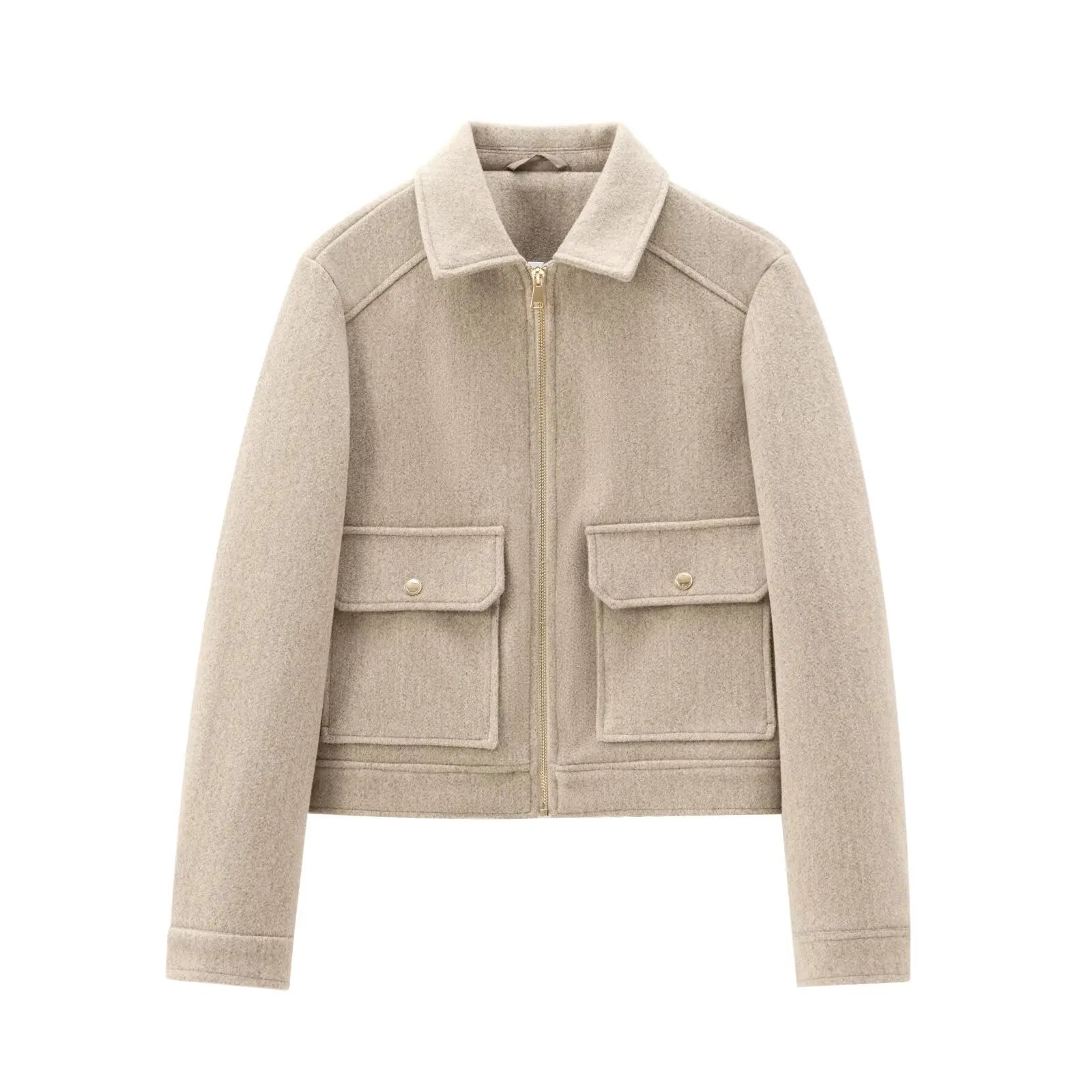Women's cropped bomber jacket lapel collar zip front flap pockets sleek casual outerwear