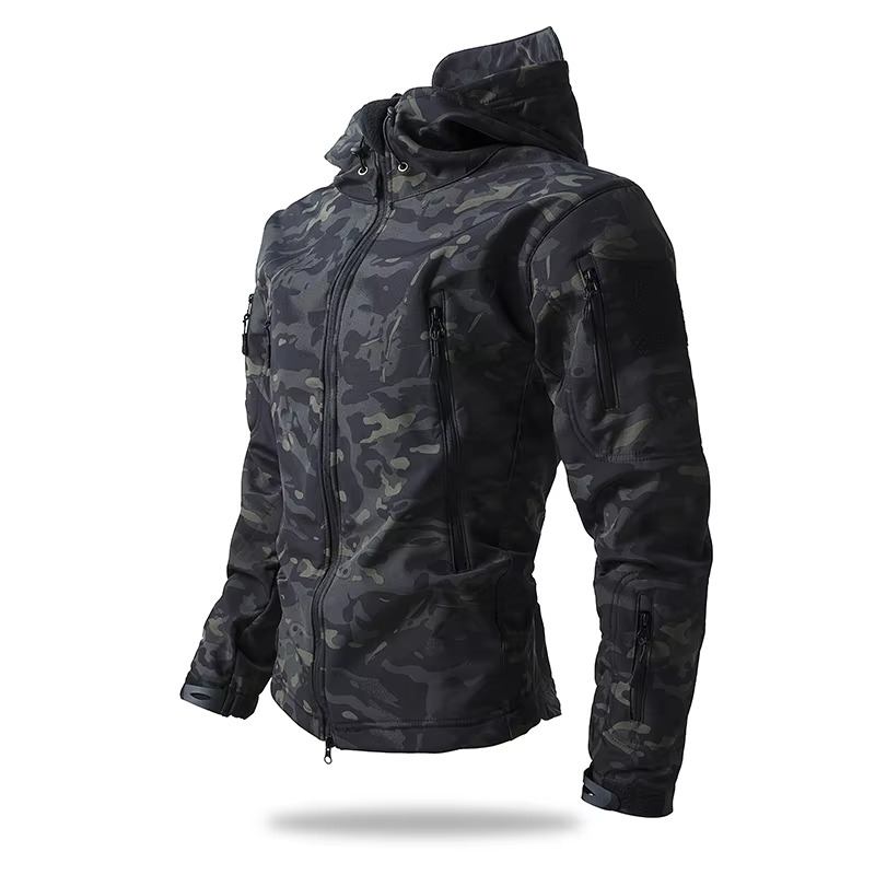 Men's dark navy soft shell fleece jacket windproof slim-fit design with zippered chest pocket