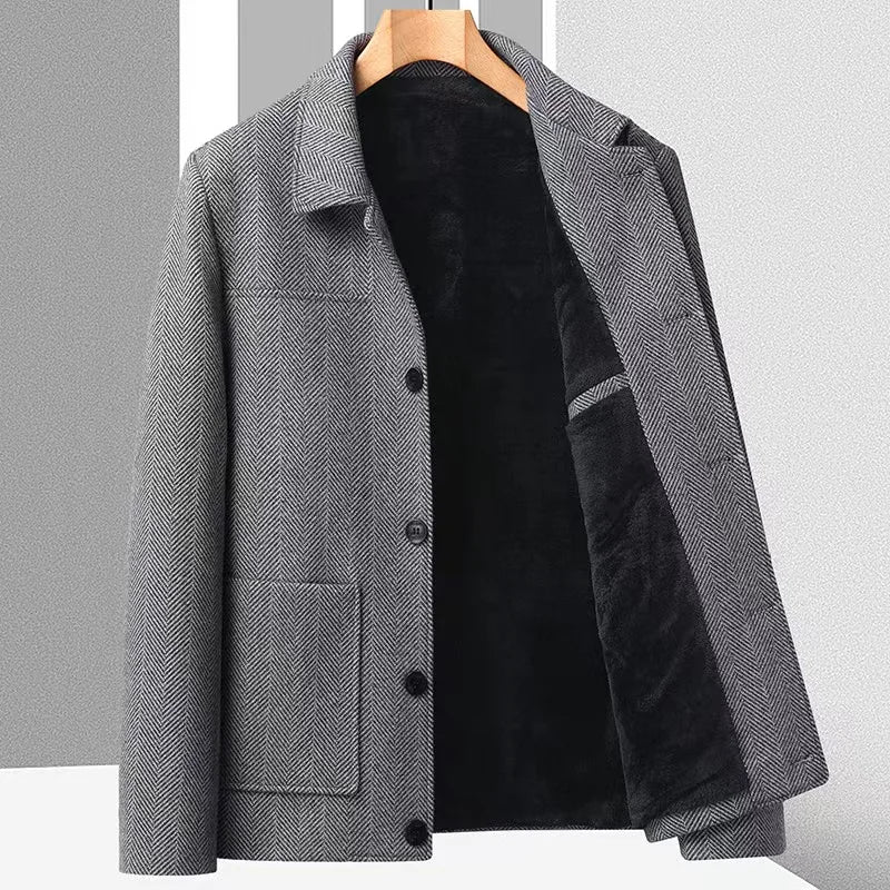 Men's herringbone short coat tailored fit with patch pockets and turndown collar lightweight