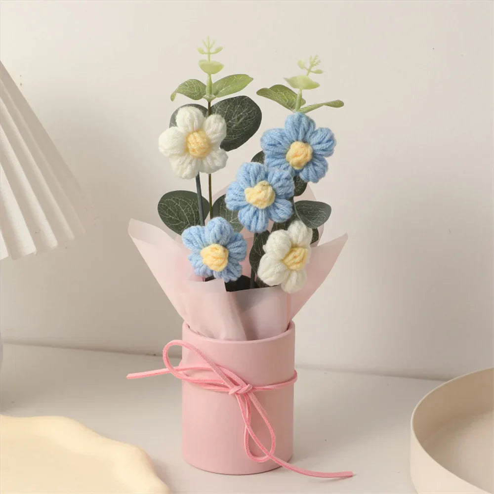 Handcrafted knitted flower bouquet plush ultra-soft yarn blooms whimsical home decor accent gift