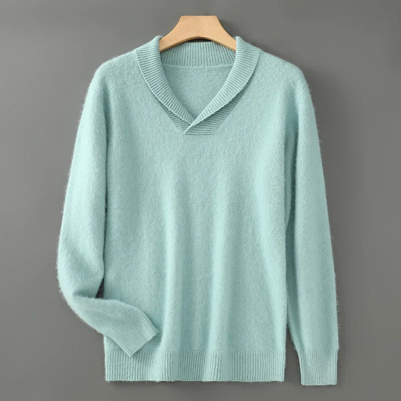 Soft knit shawl collar sweater unisex lightweight layering minimalist neckline modern everyday style