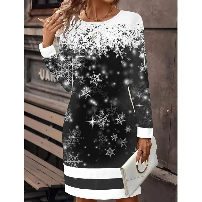 Women's red Christmas sweater dress with snowman print, cozy knit holiday silhouette