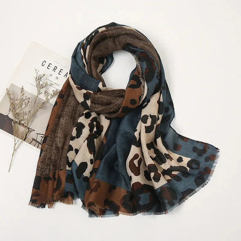 Women's long rectangular leopard print scarf, elegant casual wrap accessory for all seasons