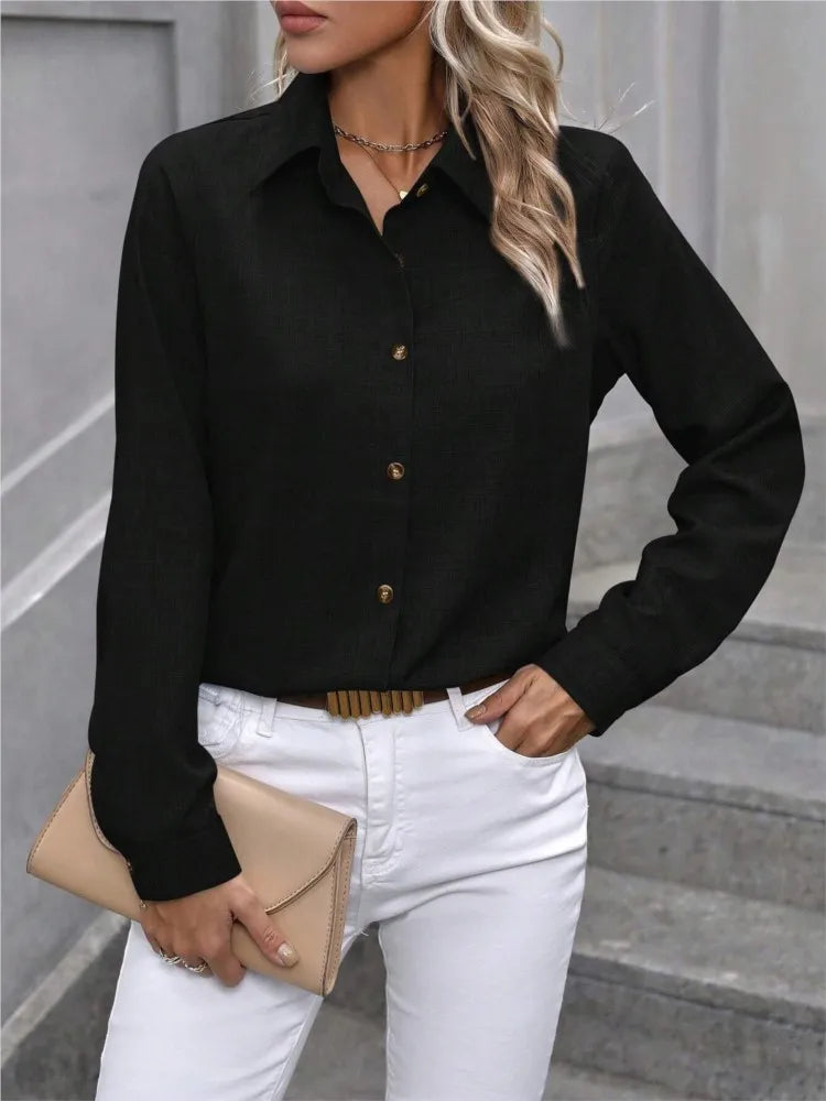 Women's slim fit color-blocked long sleeve collared office shirt with patchwork detail