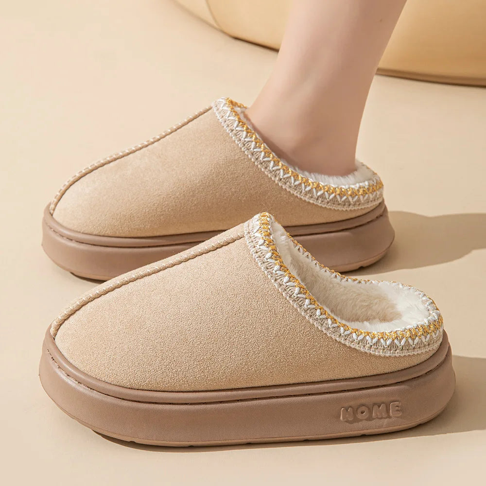 Women's plush fur slip-on slippers in cozy fleece lining for warm indoor lounge comfort