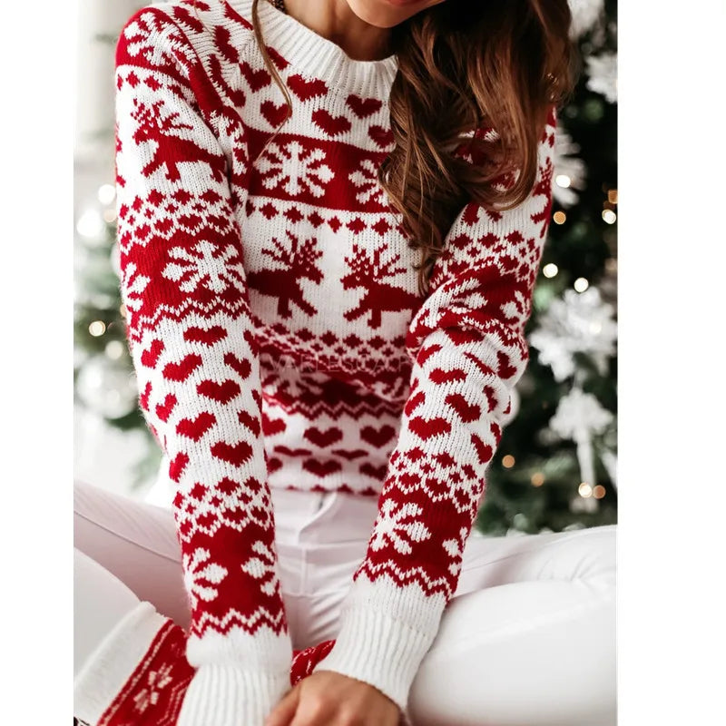 Unisex Christmas knit sweater red cozy holiday fit with reindeer and snowflake pattern