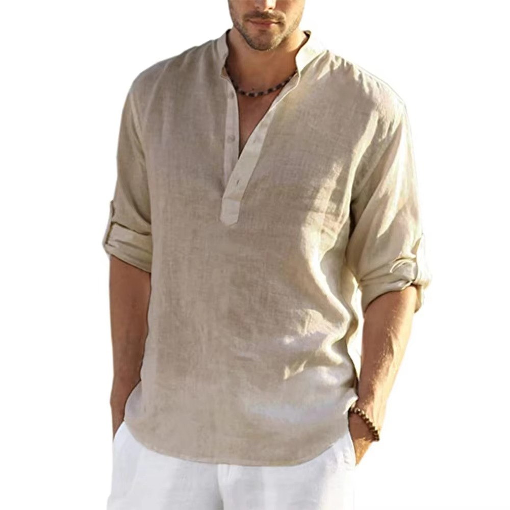 Men's cotton linen casual shirt relaxed fit long sleeve lightweight breathable neutral tone