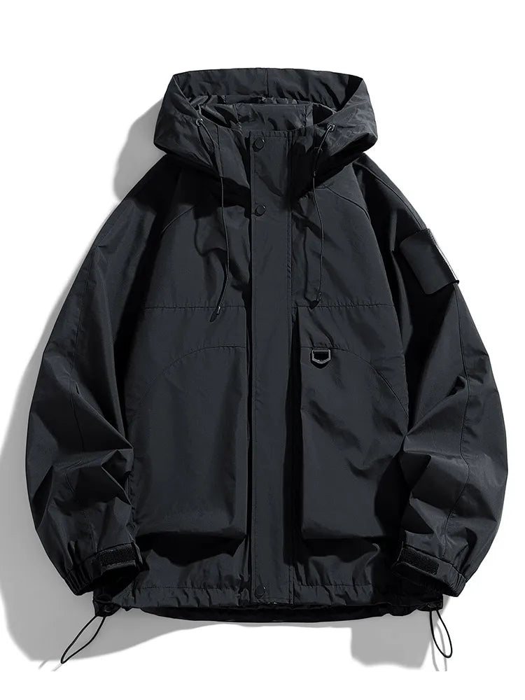Men's black oversized hooded rider jacket windproof waterproof with utility pockets