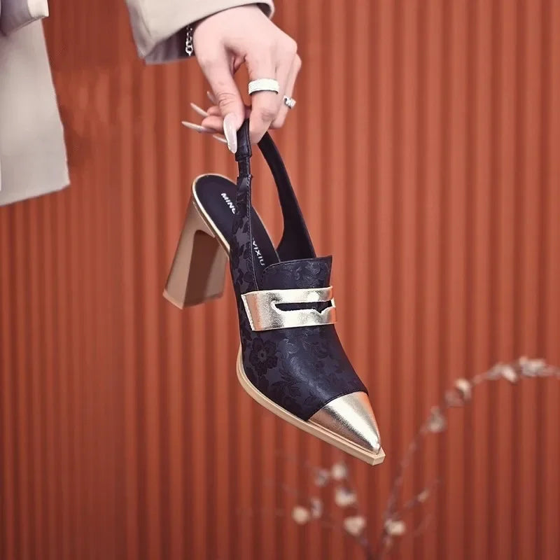 Women's satin block heels with marigold embroidery, elegant floral detailing for weddings