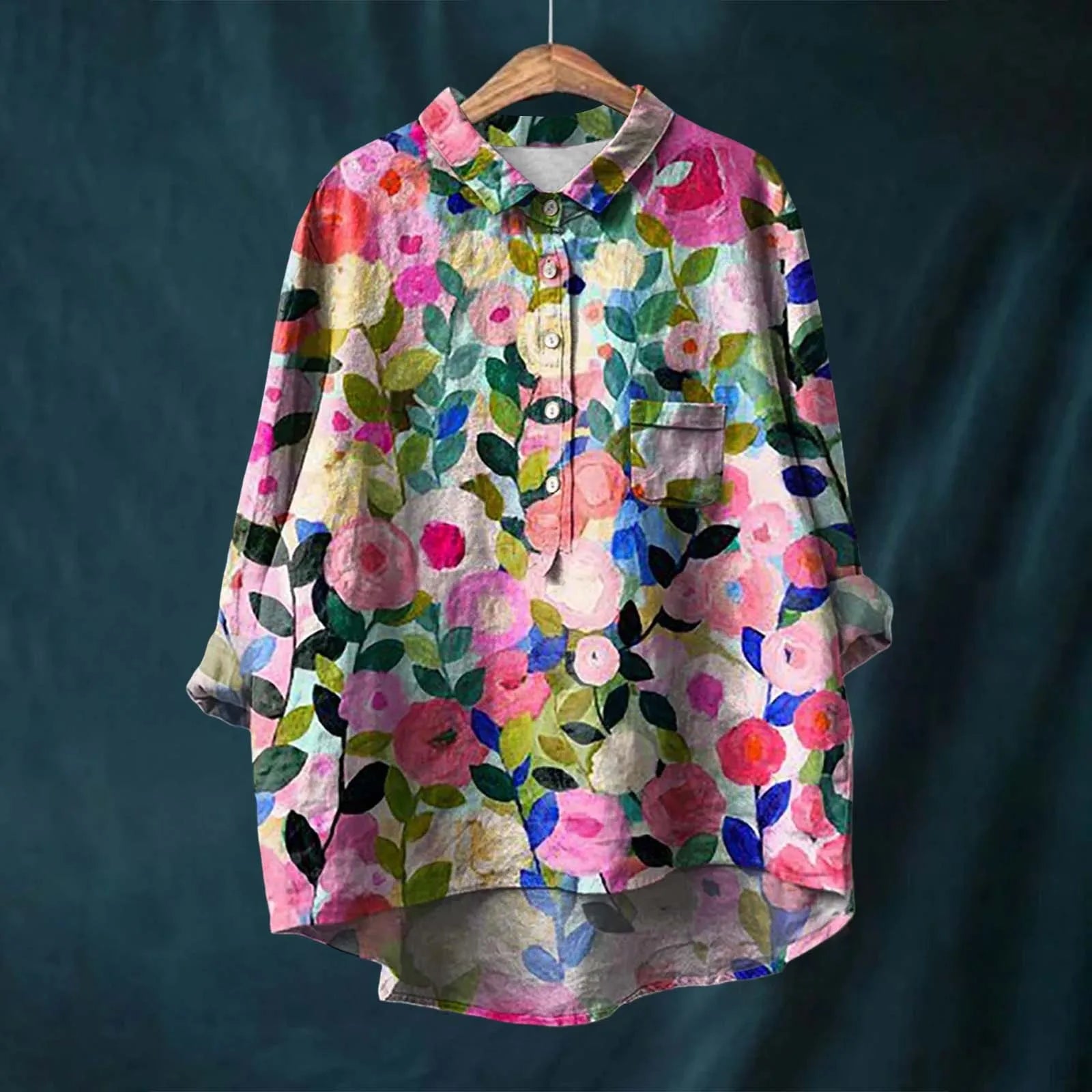 Women's botanical floral relaxed-fit shirt, breathable all-season polyester blouse with high-low hem