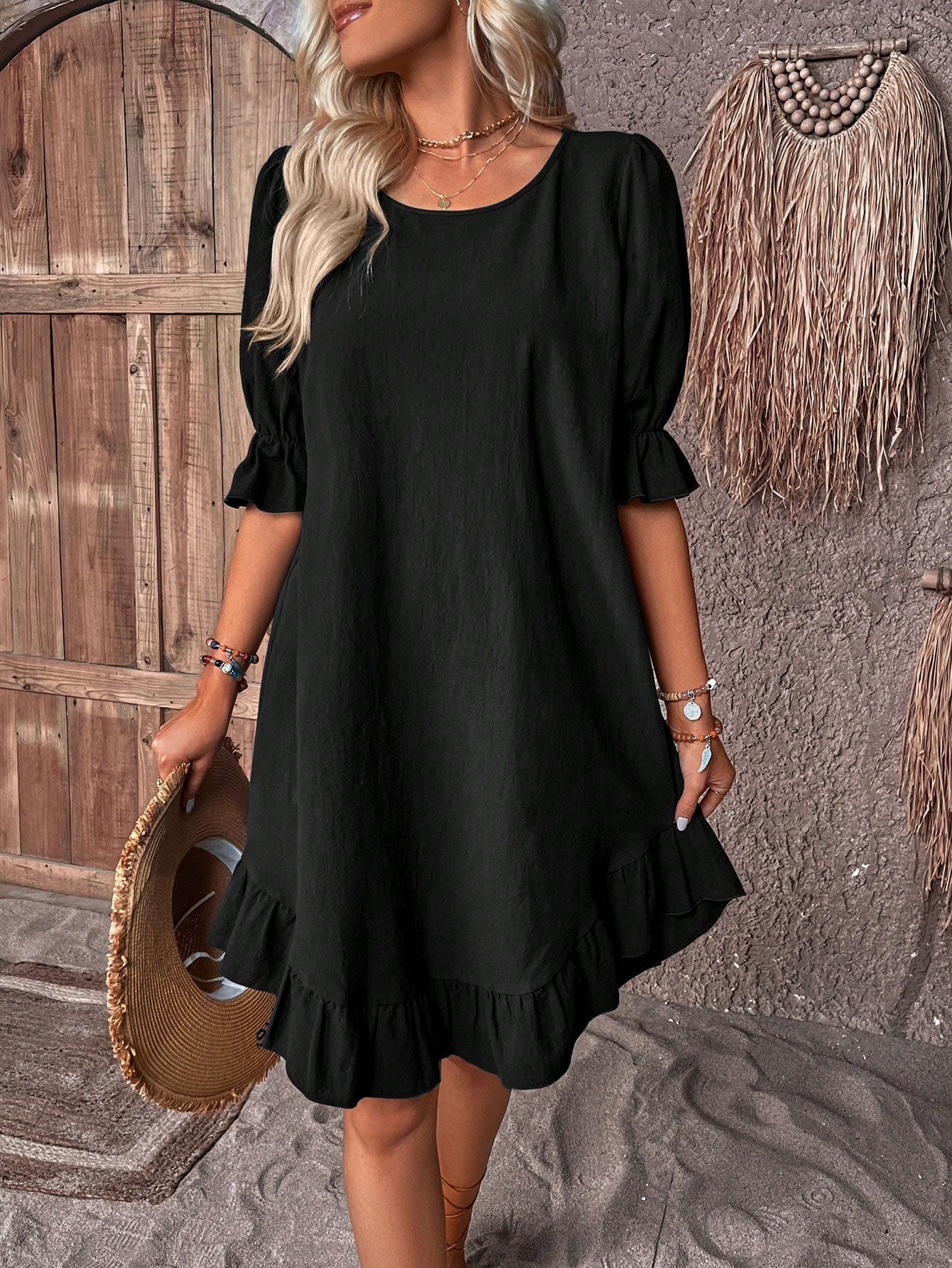 Women's casual midi dress relaxed silhouette puff sleeves ruffled hem beach-ready warm weather style