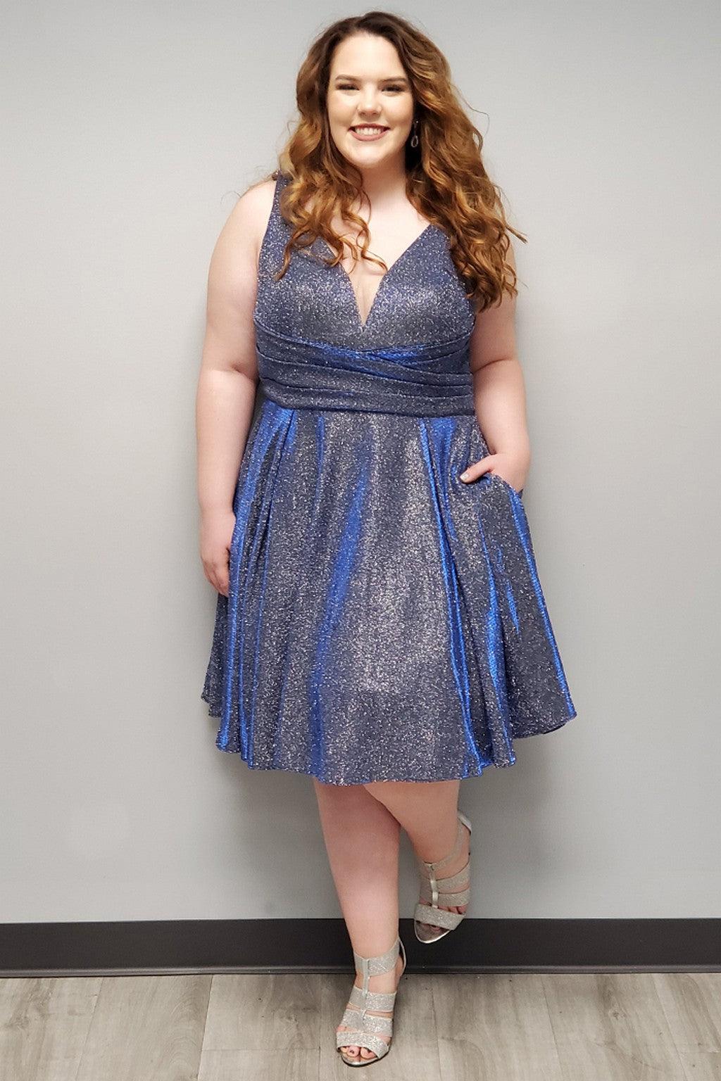 Plus size short homecoming dress glitter knit deep V-neck sleeveless knee-length with pockets SC8108