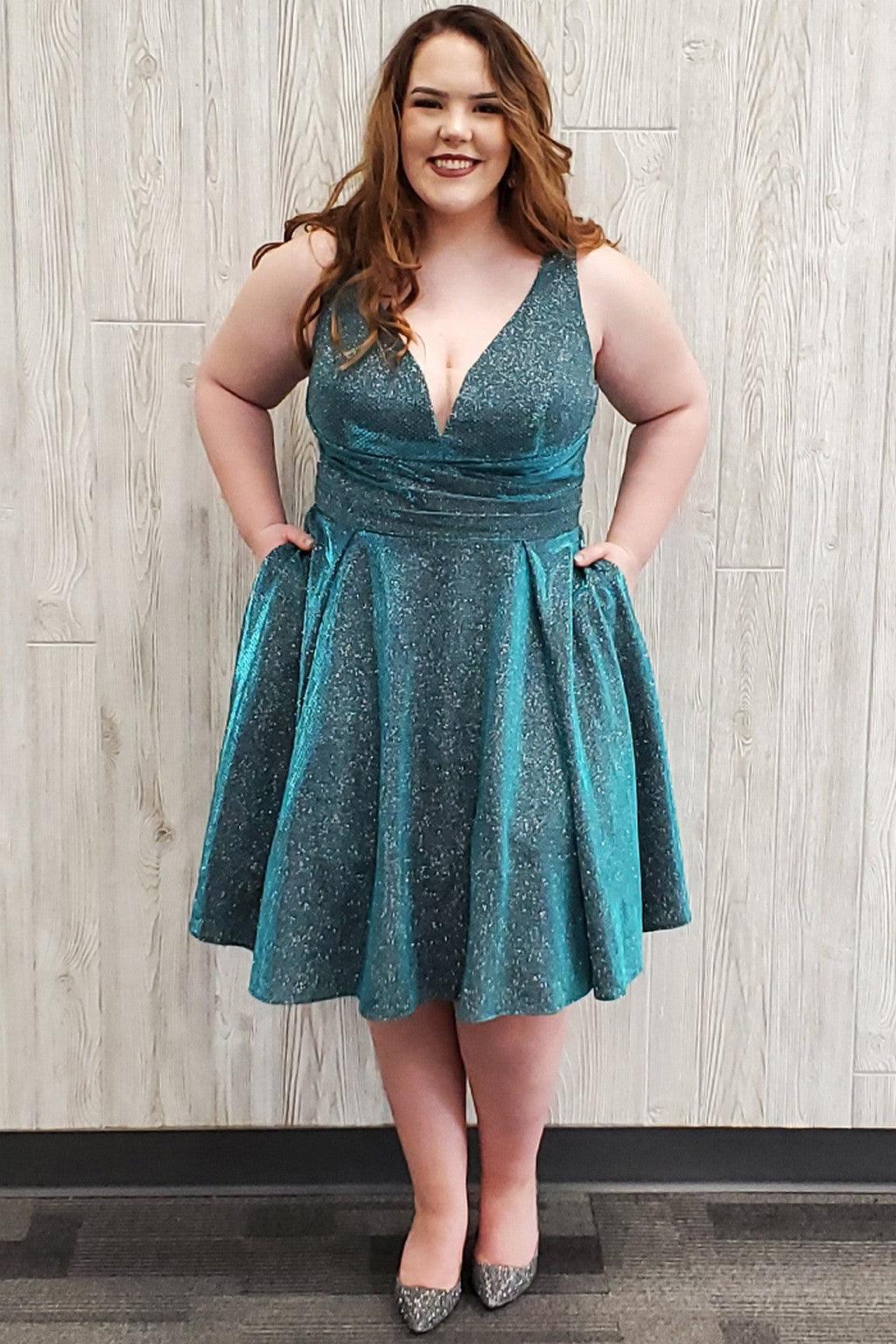 Plus size short homecoming dress glitter knit sleeveless deep V-neck with pockets knee-length shimmer