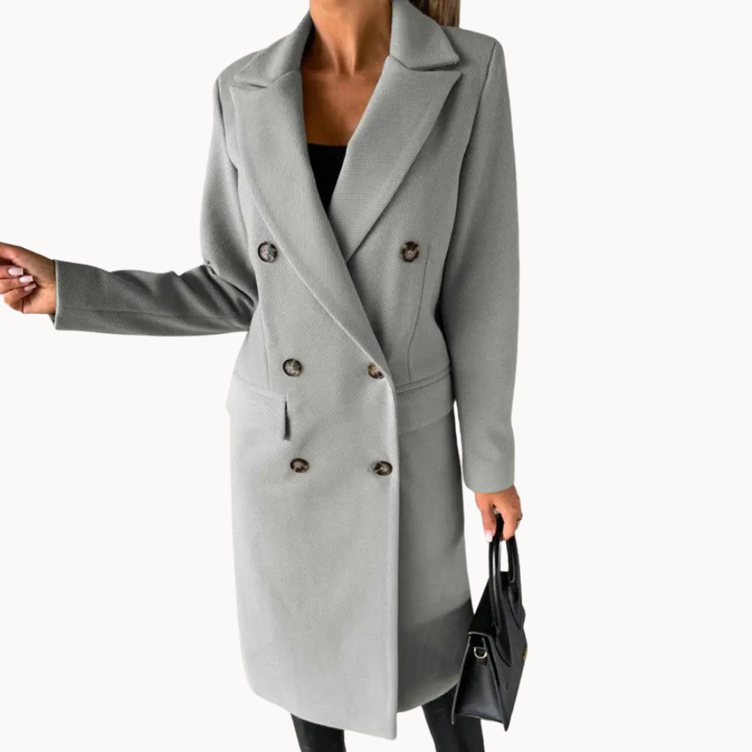 Camel double-breasted winter trench coat structured long silhouette polished professional tailored fit