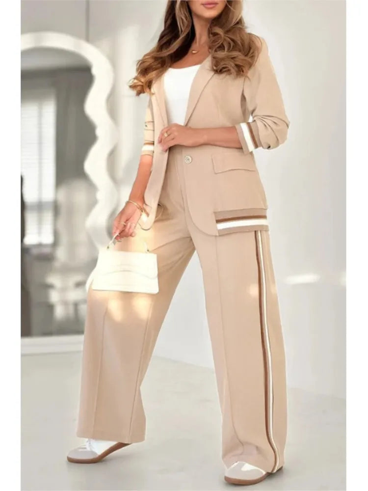 Women's 2-piece set neutral tones relaxed elegant fit elastic waistband premium fabric everyday comfort