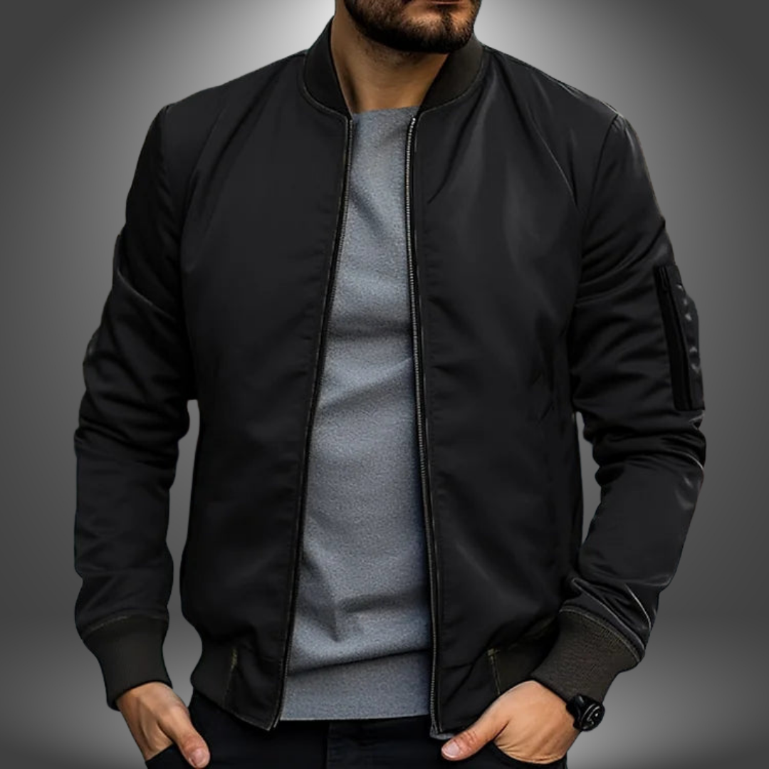 Oliver lightweight navy bomber jacket with ribbed collar, slim-fit silhouette for fall and spring layering