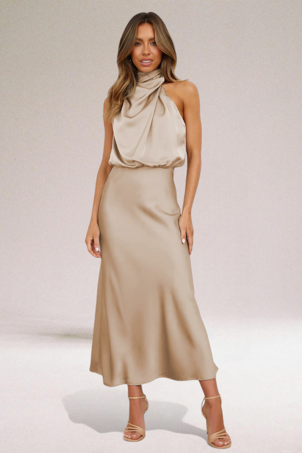Women's satin halter dress elegant timeless silhouette with luxurious shiny fabric for eveningwear