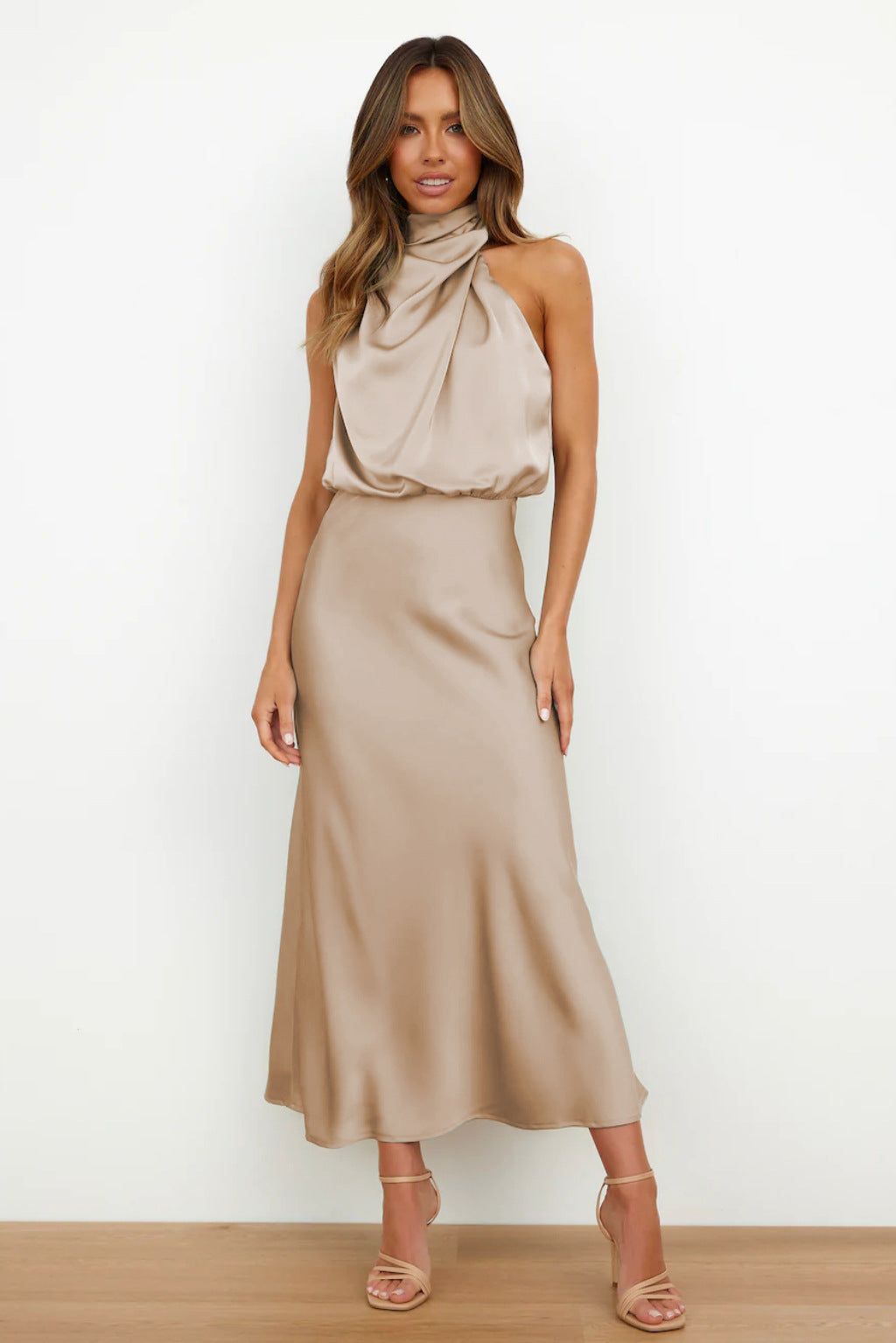 Diane satin maxi dress women halter sleeveless evening gown draped silhouette elegant sheen