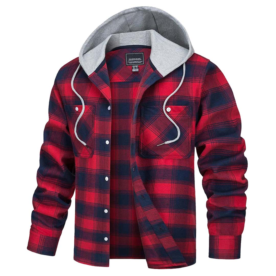 Men's red buffalo plaid hooded shirt jacket, long sleeve button-up cotton blend flannel