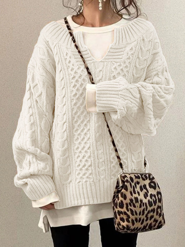 Women's cable knit sweater V-neck relaxed fit classic textured winter pullover everyday layering essential