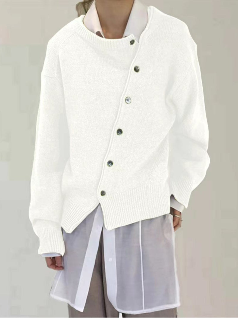 Women's distressed patchwork cardigan sweater thick acrylic knit loose fit slanted button irregular hem