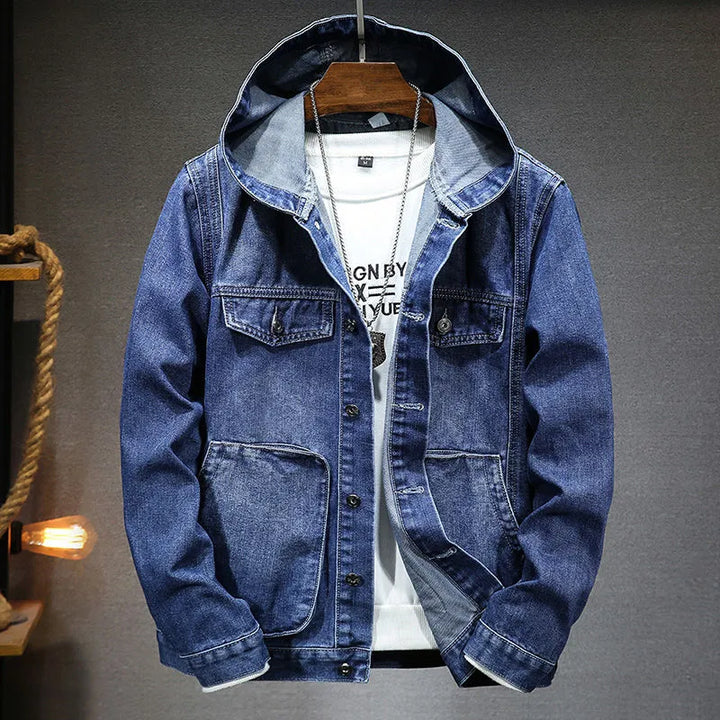 Men's hooded vintage denim jacket blue casual retro silhouette comfortable everyday wear