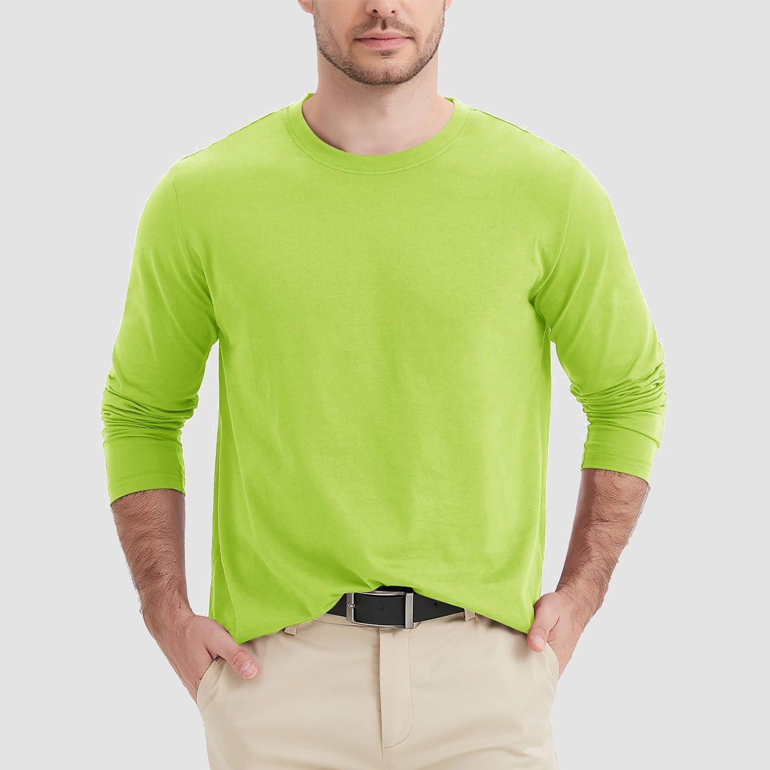 Men's breathable crew neck long sleeve shirt in solid colors, moisture-wicking cotton blend for daily wear